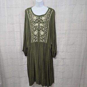 Knox Rose Olive Green Embroidered Boho Peasant Midi Dress 3X
